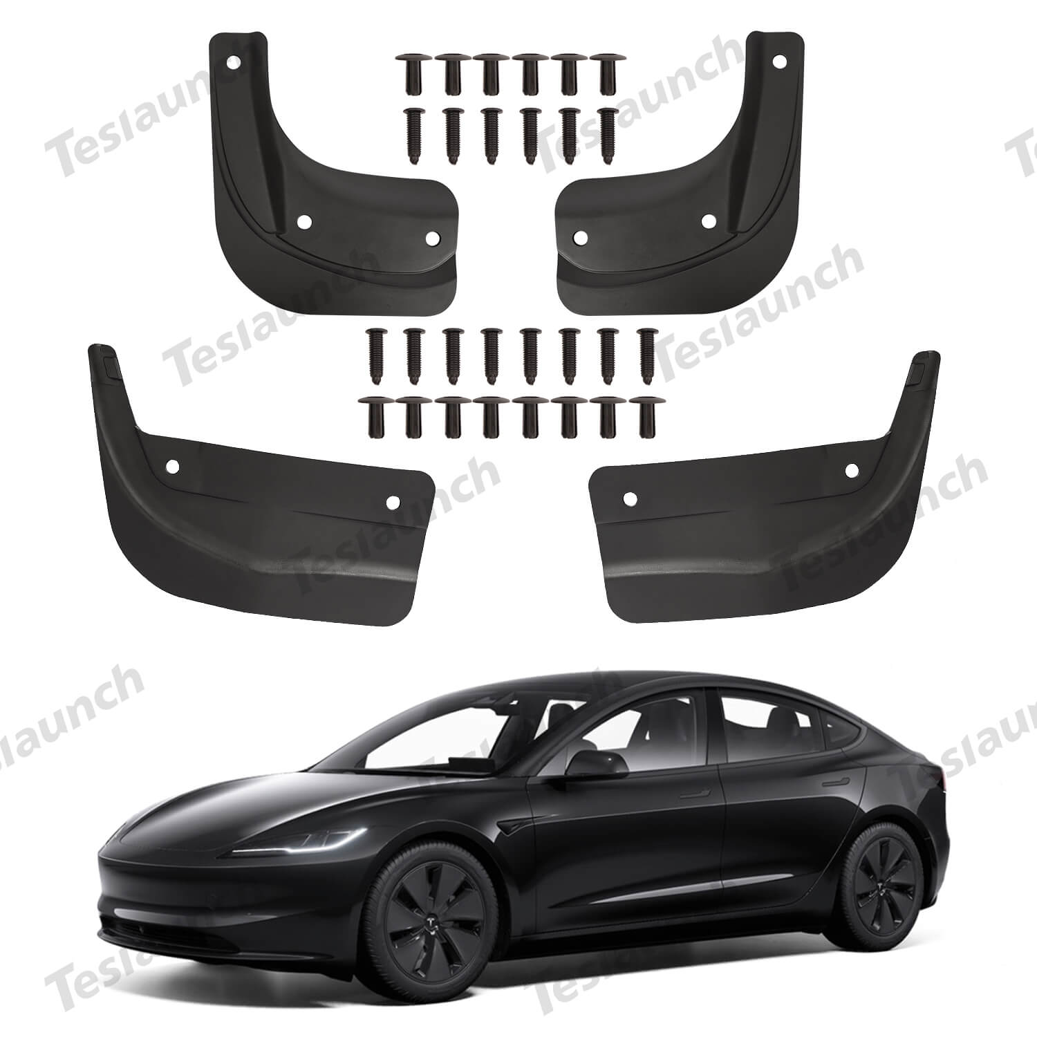 Schmutzfänger, Spritzschutz, vorderer hinterer Kotflügelsatz, kein  Bohrkotflügel (4 Stück), für Tesla 2024 Model 3 Highland - Vorne + Hinten  (4 Stück)