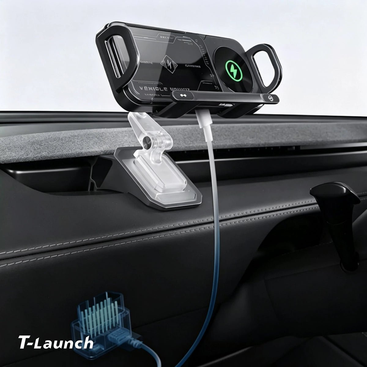 Electric Auto-Clamping & Rotating Wireless Charging Phone Holder for Tesla Model 3/Y/Y L 2024+ - T-Launch