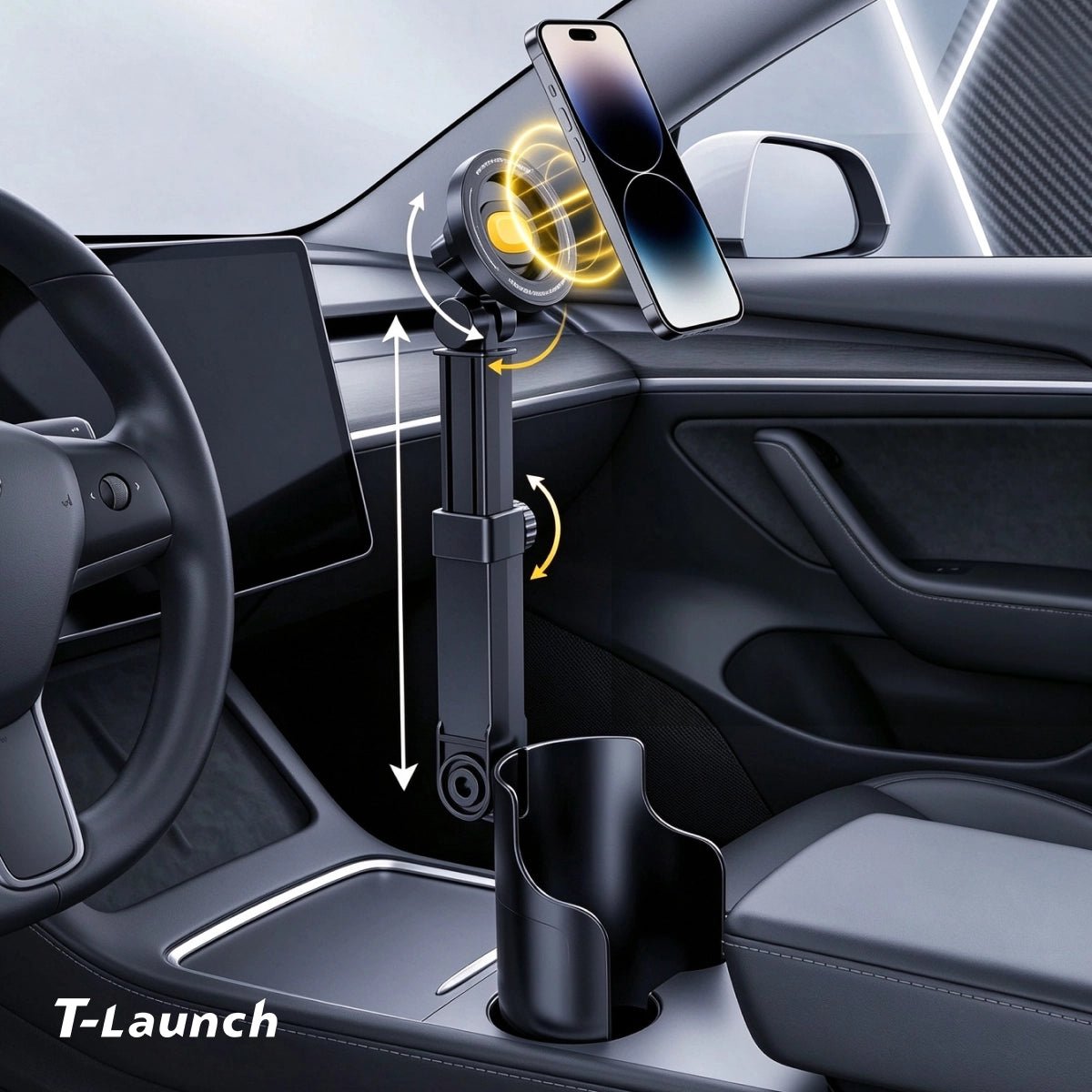 Telescopic 360° Rotating Cup Holder Magnetic Phone & Ipad Mount for Tesla Model 3/Y/S/X - T-Launch