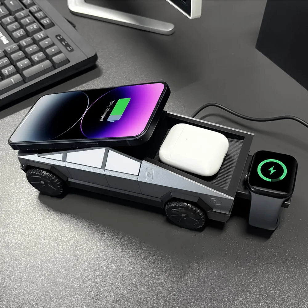 Cybertruck-Inspired 3-in-1 Wireless Charger Stand for All Cars