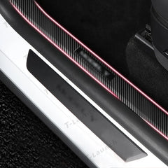 Kolfiberfärg Dörrtröskelskydd + Trunk Tröskelskydd för Tesla Model Y 2021-2024