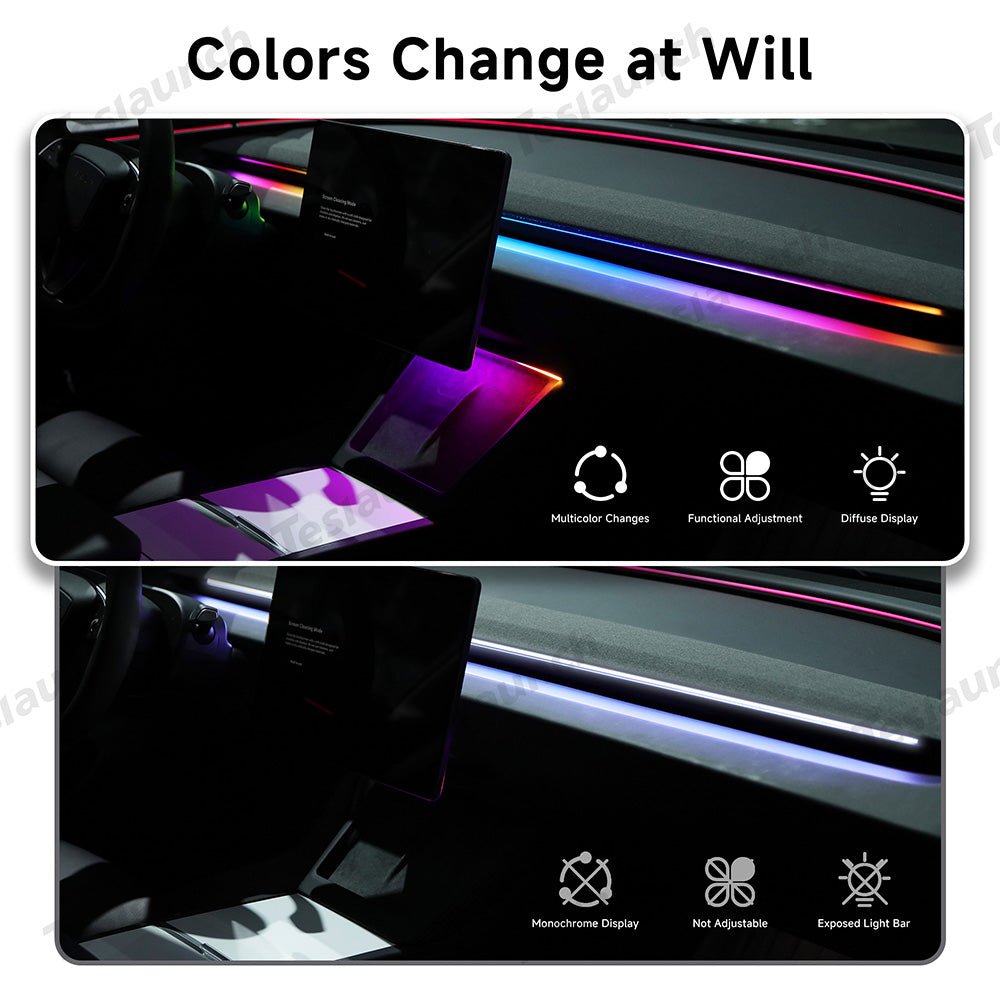 Interior LED Ambient Lights with App Control for Tesla 2024+ Model 3 Highland – Dashboard & Wireless Charging Frame - T-Launch
