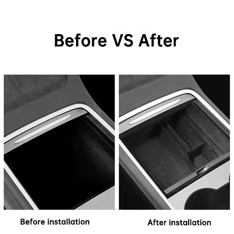 Model 3/Y Center Console Organizer, Sliding Tray, Hidden Cubby Drawer Storage Box, Fully Flocked (2021-2023, Gen. 2) - T-Launch
