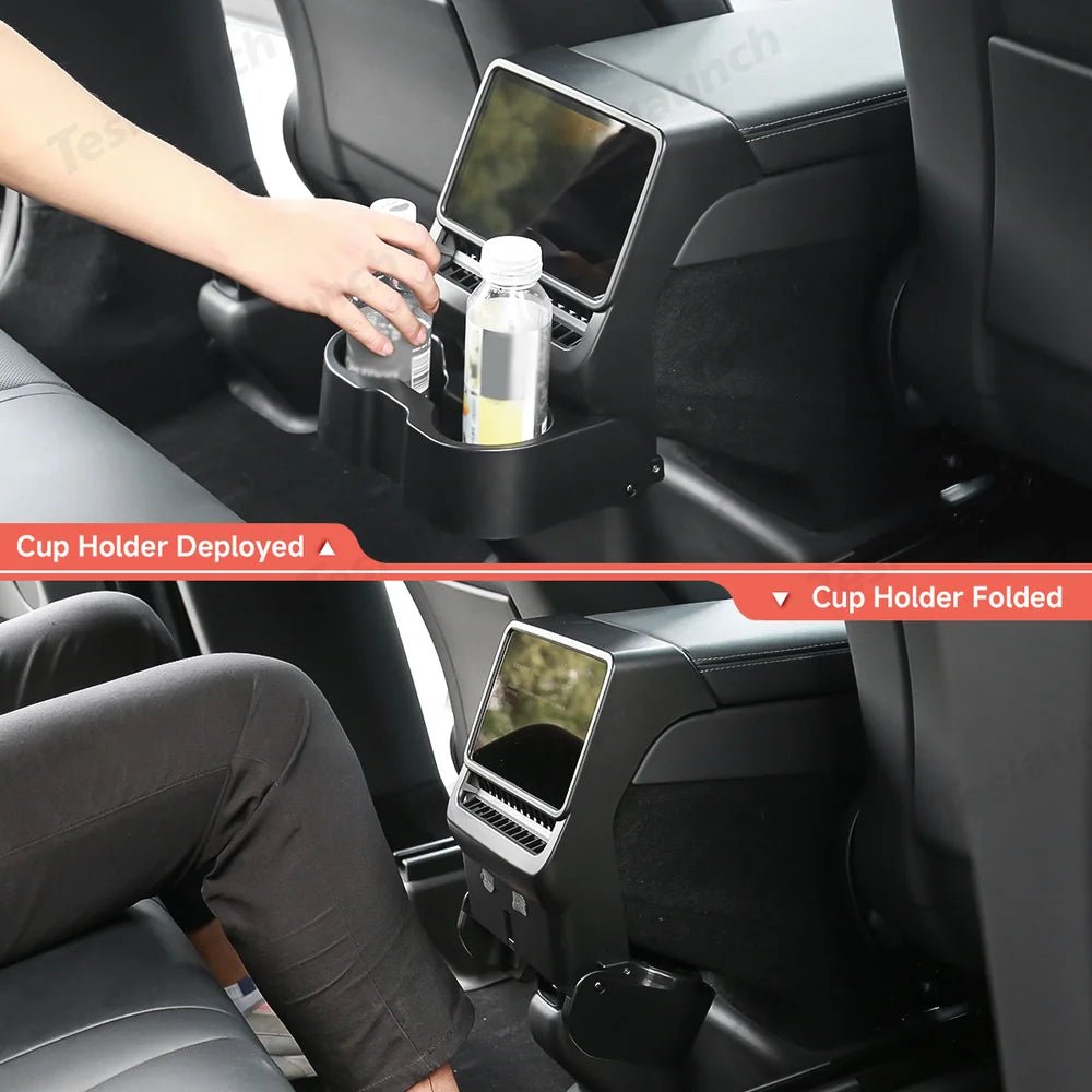 Multi-Functional Foldable Rear Console Cup Holder for Tesla Model Y Juniper 2025+ / Model 3 Highland 2024+ - T-Launch