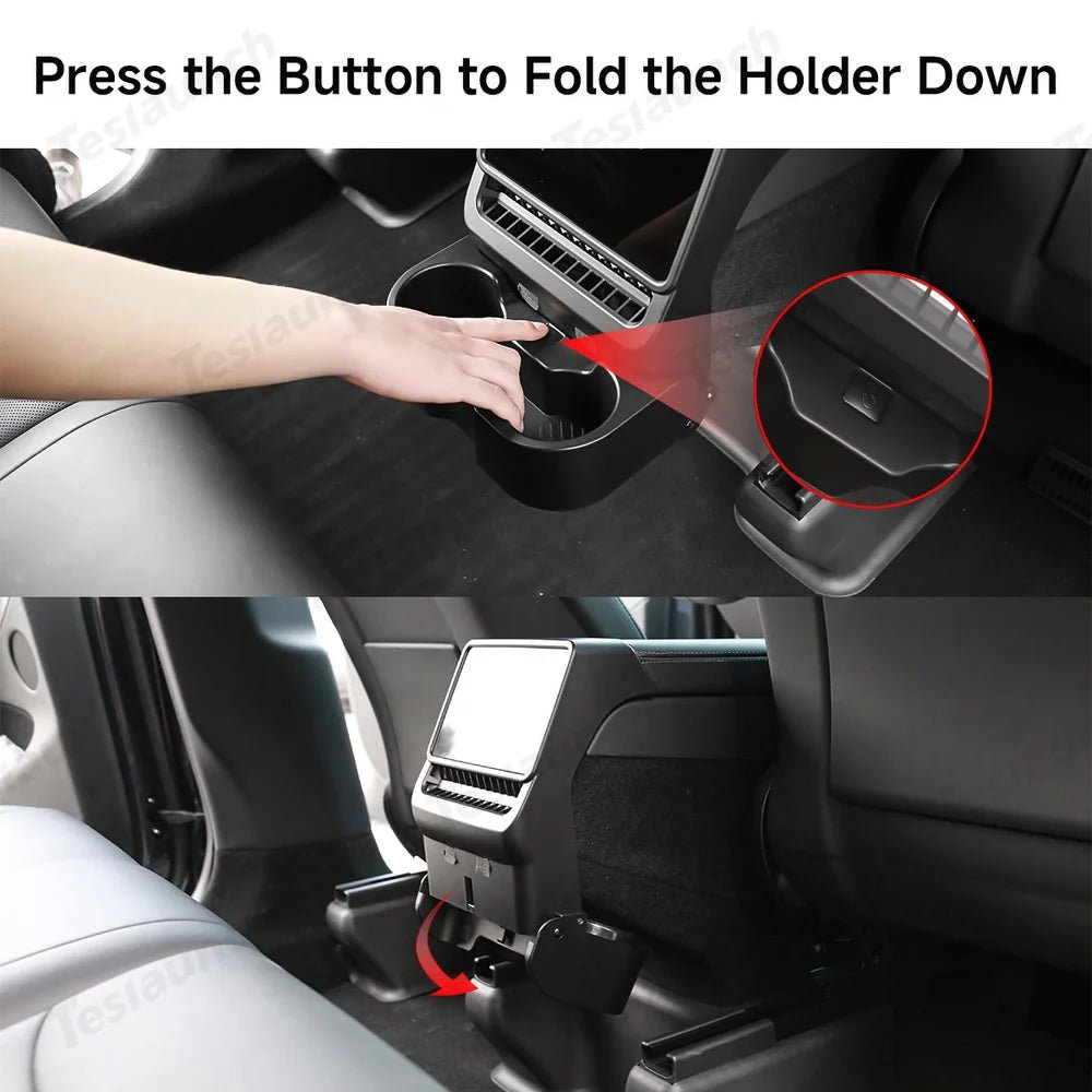 Multi-Functional Foldable Rear Console Cup Holder for Tesla Model Y Juniper 2025+ / Model 3 Highland 2024+ - T-Launch