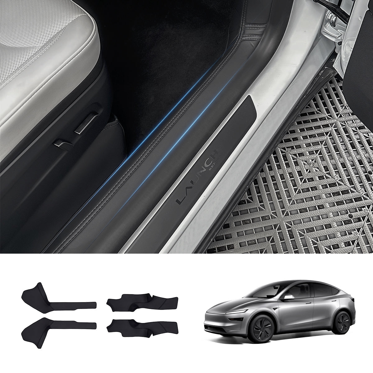Napa Leather Door Sill Protectors 4-Piece Set – Full Coverage for Tesla Model Y Juniper 2025+ - T-Launch
