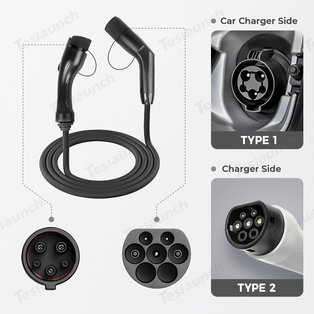 Type 2 Socket to Type 1/J1772 Vehicle EV Charging Cable - T-Launch