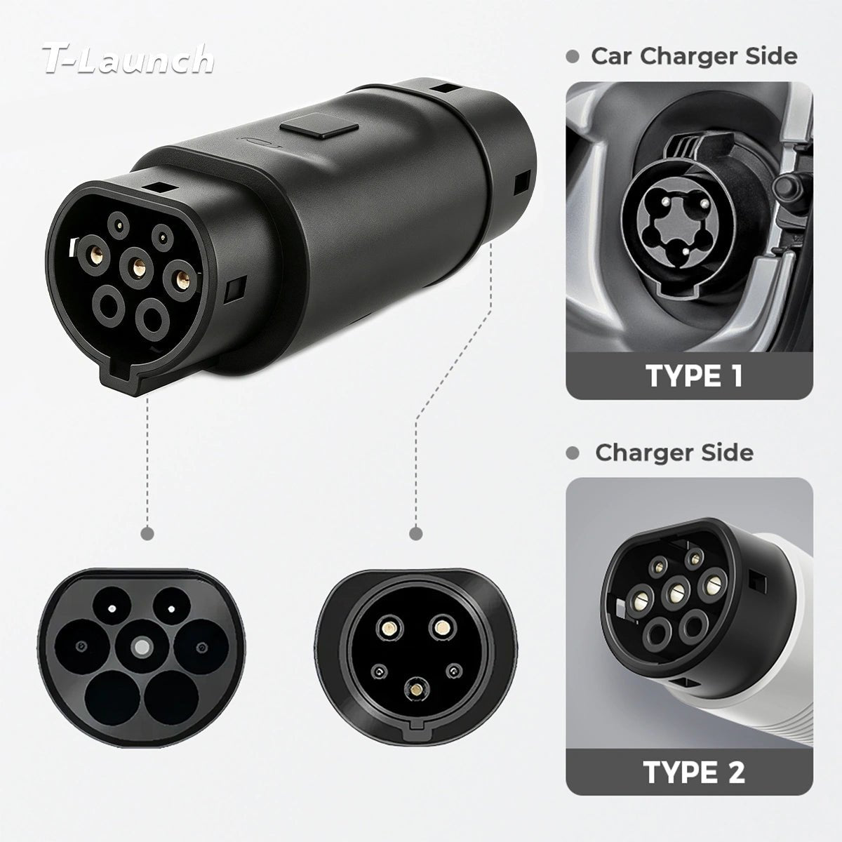 Type 2 to Type 1 EV Charging Adapter - T-Launch