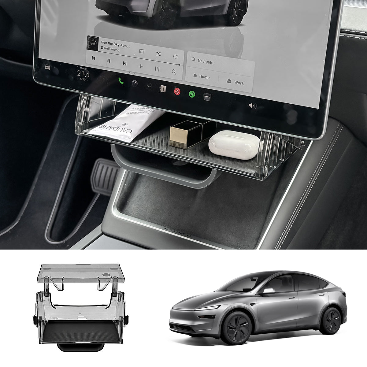 Under Central Control Screen Hidden Storage Box with Tray for Tesla Model Y Juniper 2025+ - T-Launch