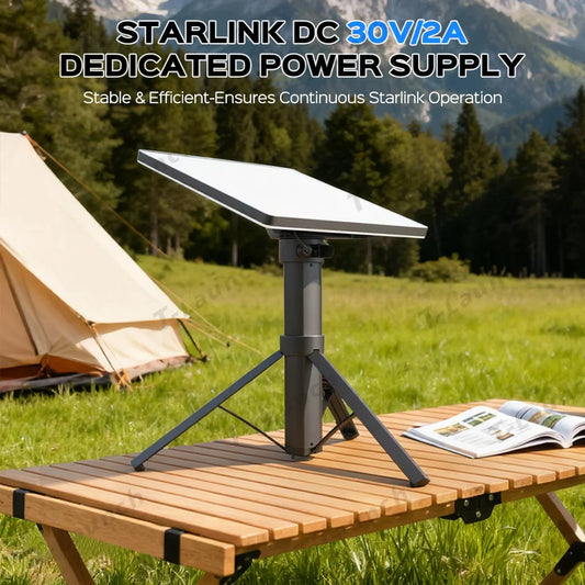 Starlink Mini set up outdoors with an integrated tripod battery stand for off-grid internet use