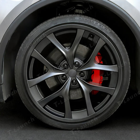 Custom alloy rims installed on Tesla Model Y, enhancing the car's aesthetics and performance.