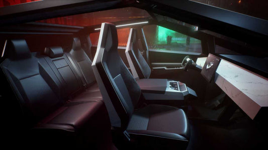 2026 Cybertruck interior with carbon fiber dashboard and center console organizer