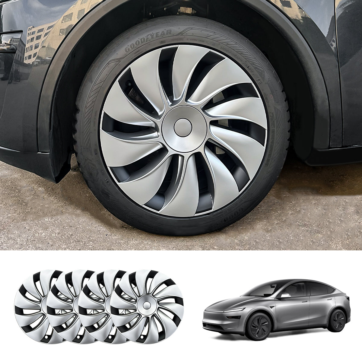 19'' Crossflow Hubcaps Wheel Covers – Spiral Spoke Style for Tesla Model Y Juniper 2025+ (Set of 4)