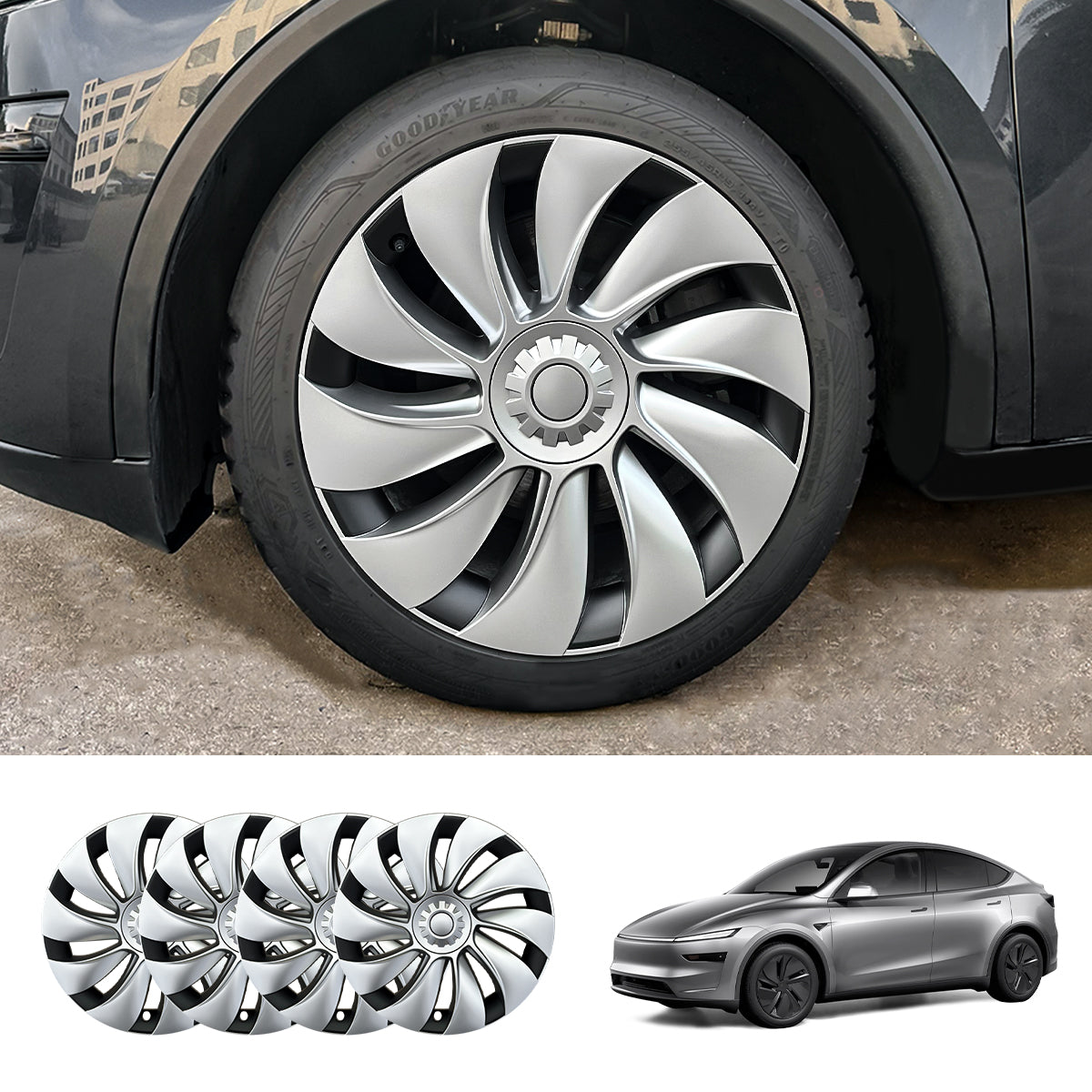 19'' Crossflow Hubcaps Wheel Covers – Spiral Spoke Style for Tesla Model Y Juniper 2025+ (Set of 4)