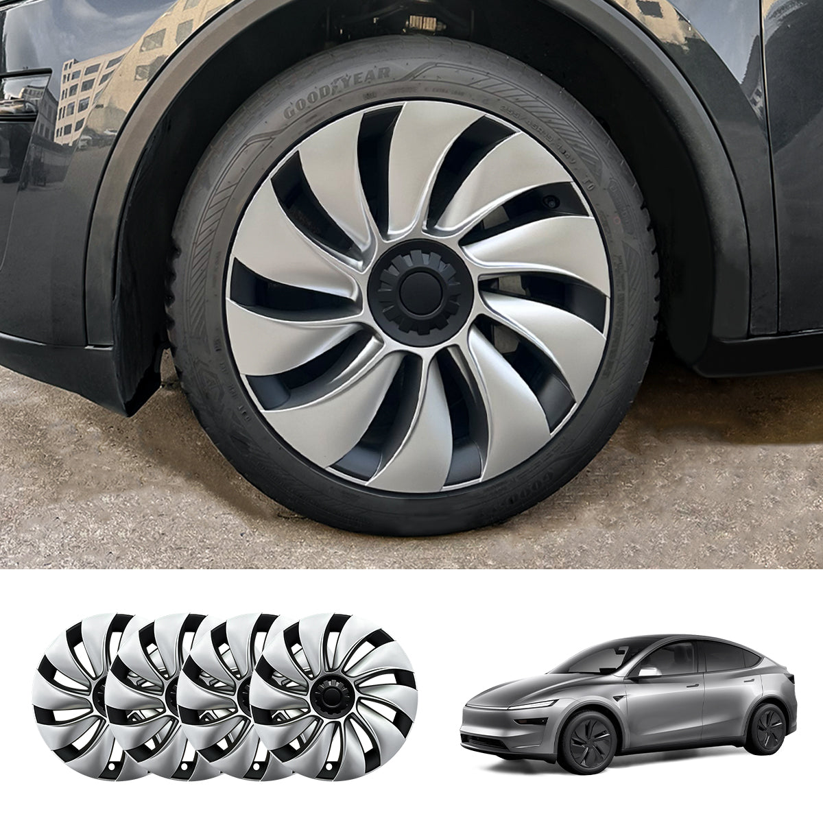 19'' Crossflow Hubcaps Wheel Covers – Spiral Spoke Style for Tesla Model Y Juniper 2025+ (Set of 4)