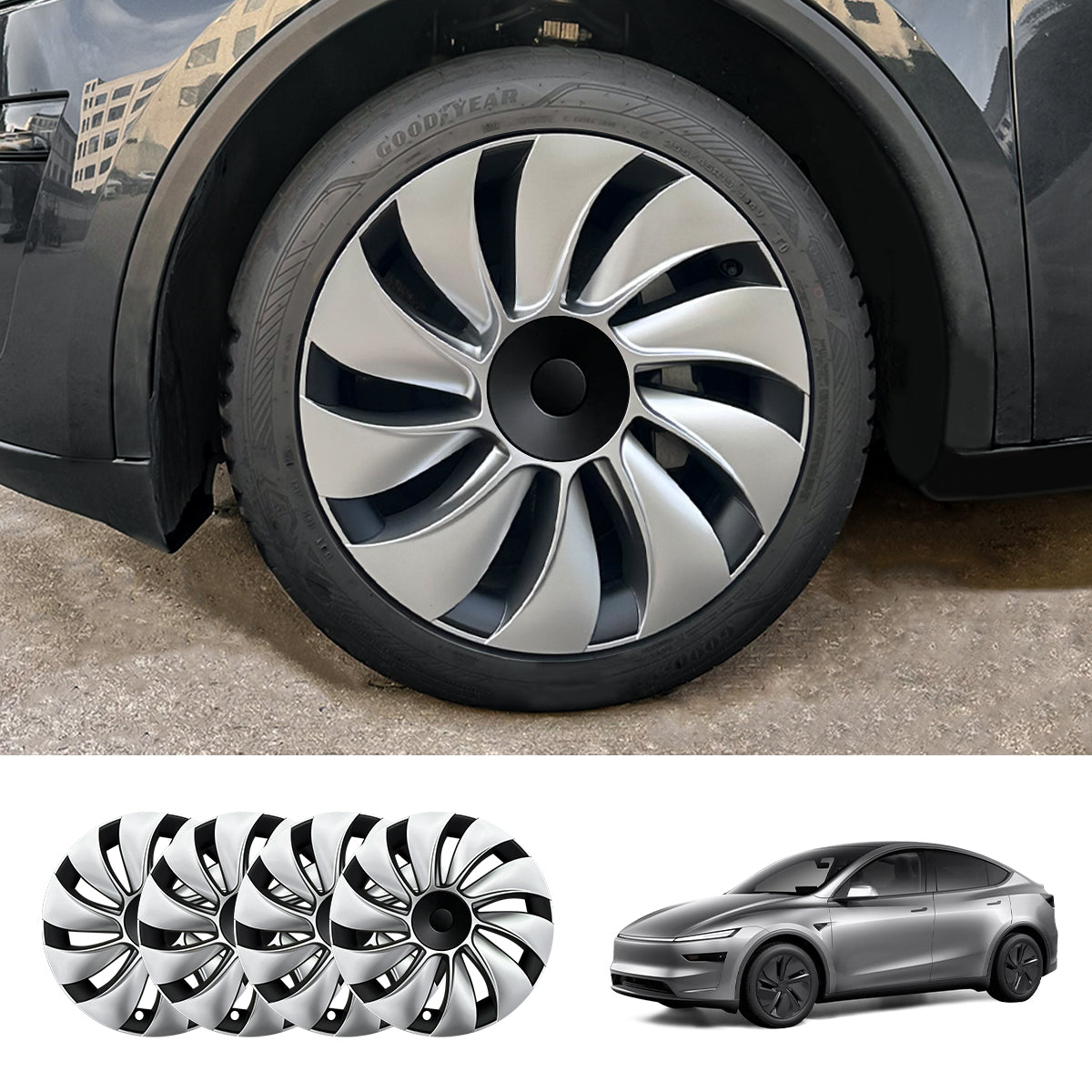 19'' Crossflow Hubcaps Wheel Covers – Spiral Spoke Style for Tesla Model Y Juniper 2025+ (Set of 4)
