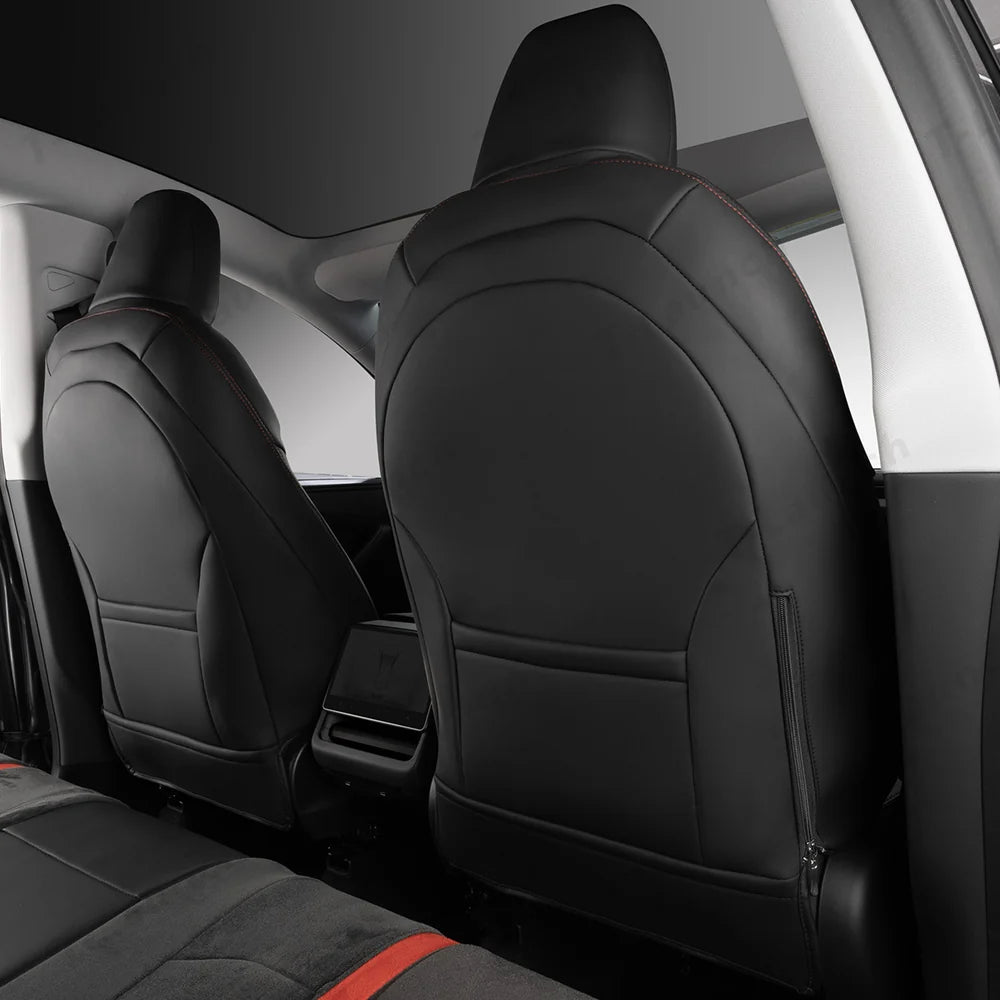 Alcantara All-Inclusive Seat Covers for Tesla Model 3 (2018-2025+) / Model Y (2021-2025+) (Luxury Red Stitching Design)