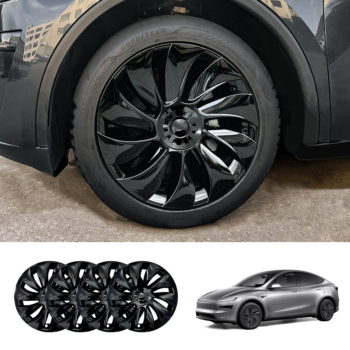 19'' Crossflow Hubcaps Wheel Covers – Spiral Spoke Style for Tesla Model Y Juniper 2025+ (Set of 4)