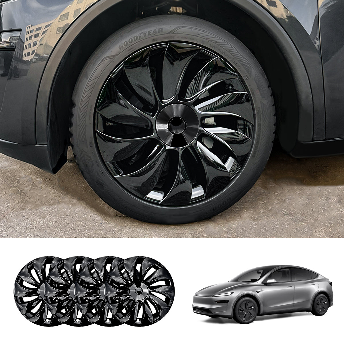 19'' Crossflow Hubcaps Wheel Covers – Spiral Spoke Style for Tesla Model Y Juniper 2025+ (Set of 4)