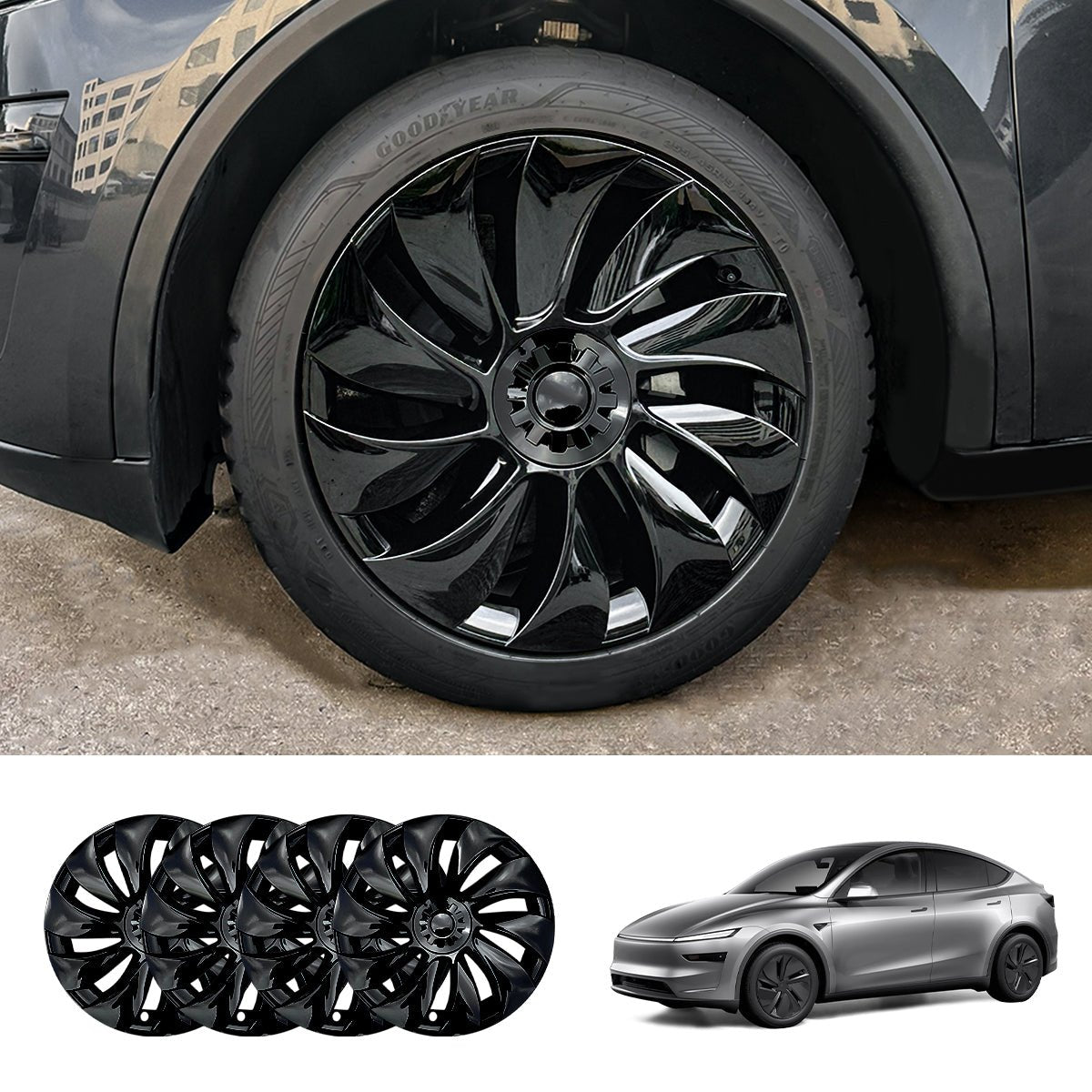 19'' Crossflow Hubcaps Wheel Covers – Spiral Spoke Style for Tesla Model Y Juniper 2025+ (Set of 4) - T-Launch