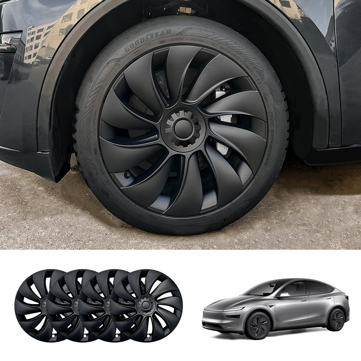 19'' Crossflow Hubcaps Wheel Covers – Spiral Spoke Style for Tesla Model Y Juniper 2025+ (Set of 4) - T-Launch