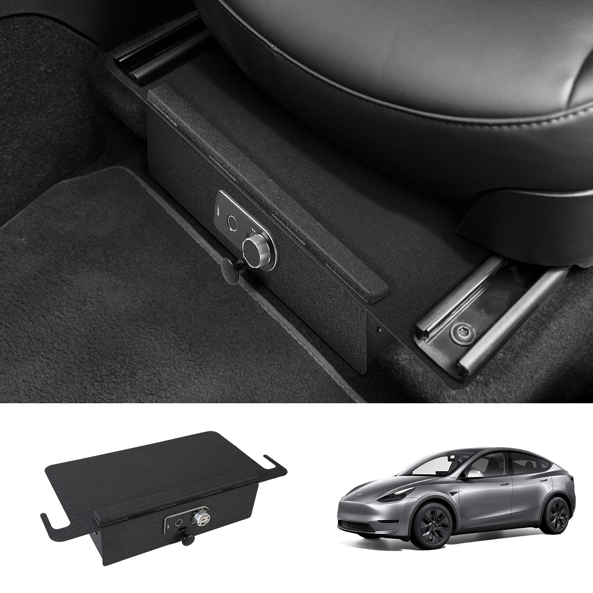 Front Under-Seat Fingerprint Anti-Theft Privacy Gunsafe Organizer Lockbox for Tesla Model Y(2020-2024)