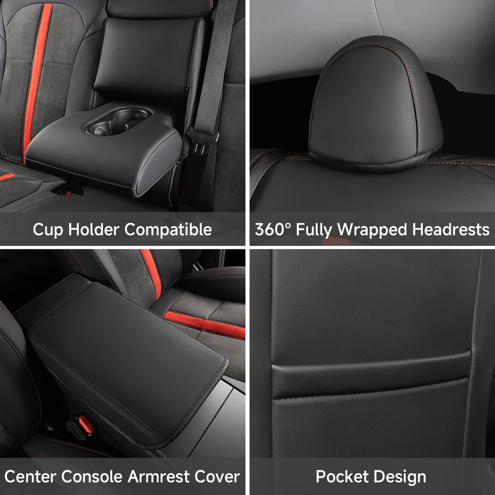 Alcantara All-Inclusive Seat Covers for Tesla Model 3 (2018-2025+) / Model Y (2021-2025+) (Luxury Red Stitching Design)