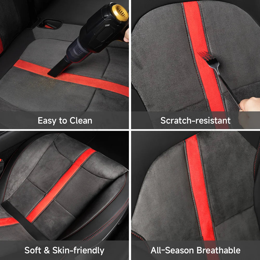 Alcantara All-Inclusive Seat Covers for Tesla Model 3 (2018-2025+) / Model Y (2021-2025+) (Luxury Red Stitching Design)