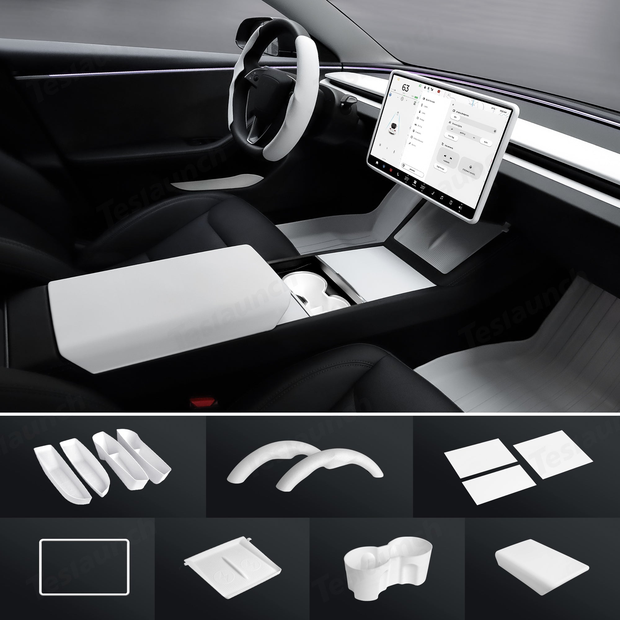 Kit Rivestimento Interni Tesla Model 3 Highland 2024-2025 - Dashboard E Porte In Bianco Opaco - Foto 7