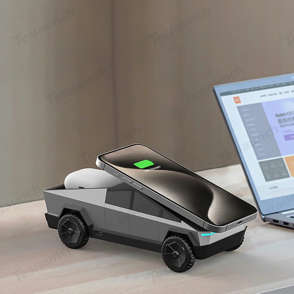 Cybertruck-Inspired 3-in-1 Wireless Charger & Stand for All Cars