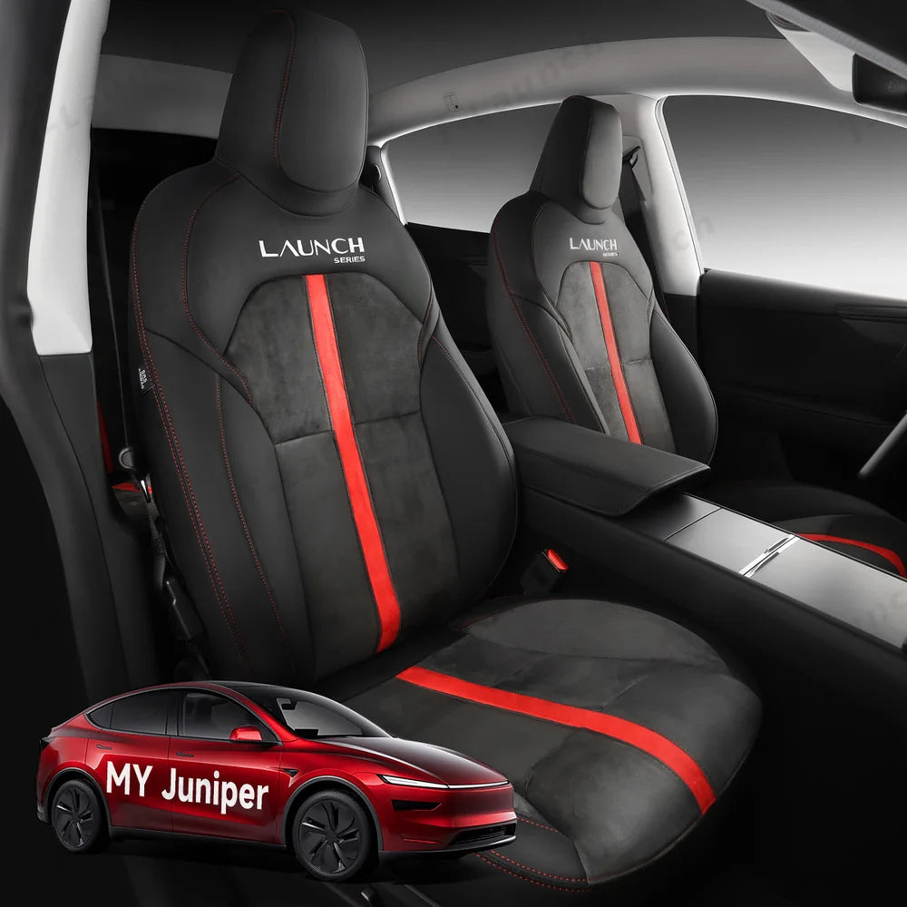 Alcantara All-Inclusive Seat Covers for Tesla Model 3 (2018-2025+) / Model Y (2021-2025+) (Luxury Red Stitching Design)