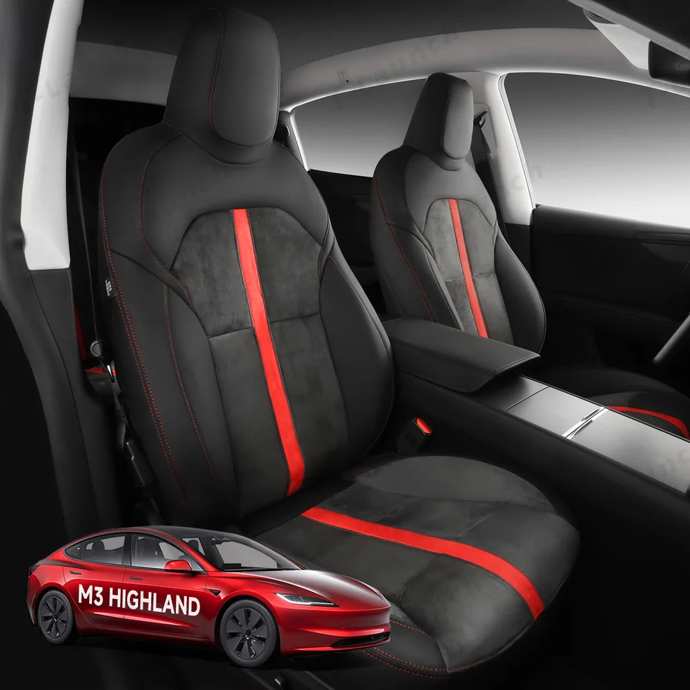 Alcantara All-Inclusive Seat Covers for Tesla Model 3 (2018-2025+) / Model Y (2021-2025+) (Luxury Red Stitching Design)