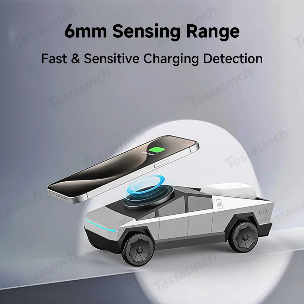 Cybertruck-Inspired 3-in-1 Wireless Charger & Stand for All Cars