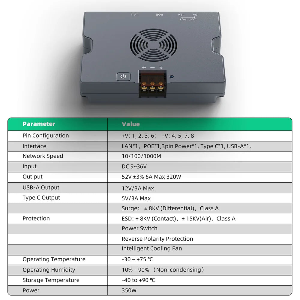 5-in-1 PoE Injector for Starlink Performance Gen 3, 350W Passive PoE, 9–36V DC Step-Up Converter, ESD Protection - T-Launch