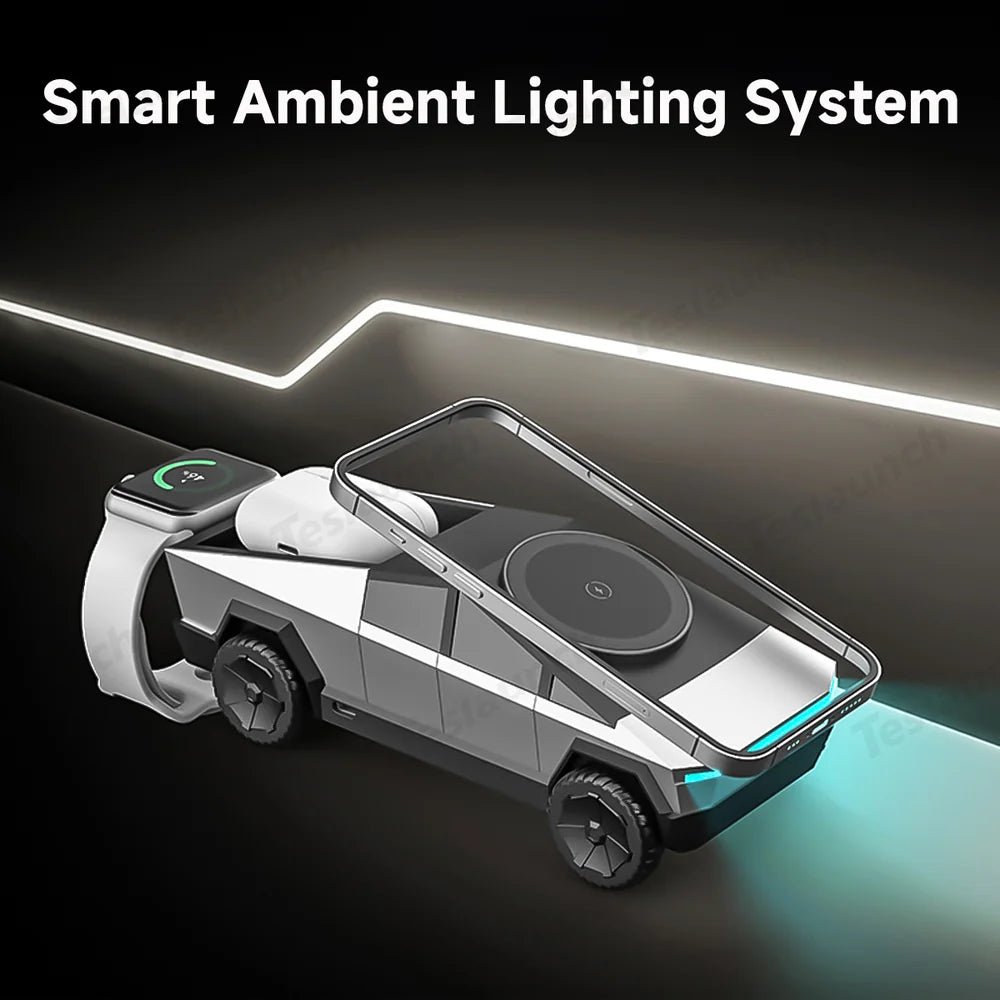 Cybertruck-Inspired 3-in-1 Wireless Charger & Stand for All Cars