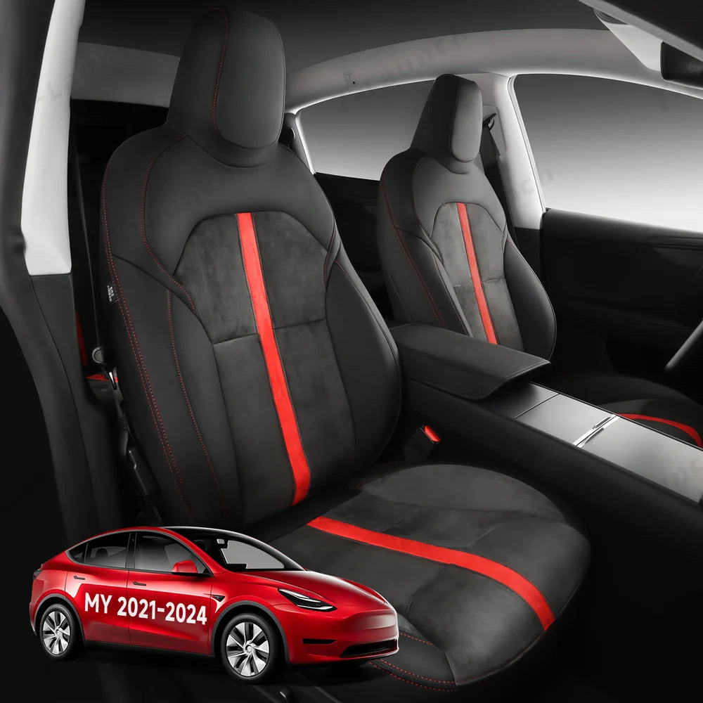 Alcantara All-Inclusive Seat Covers for Tesla Model 3 (2018-2025+) / Model Y (2021-2025+) (Luxury Red Stitching Design)