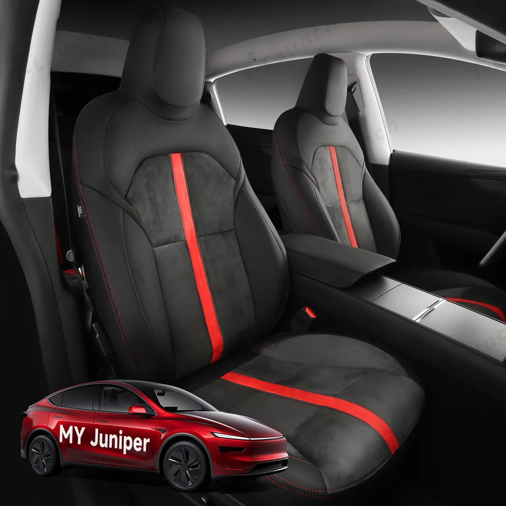Alcantara All-Inclusive Seat Covers for Tesla Model 3 (2018-2025+) / Model Y (2021-2025+) (Luxury Red Stitching Design)