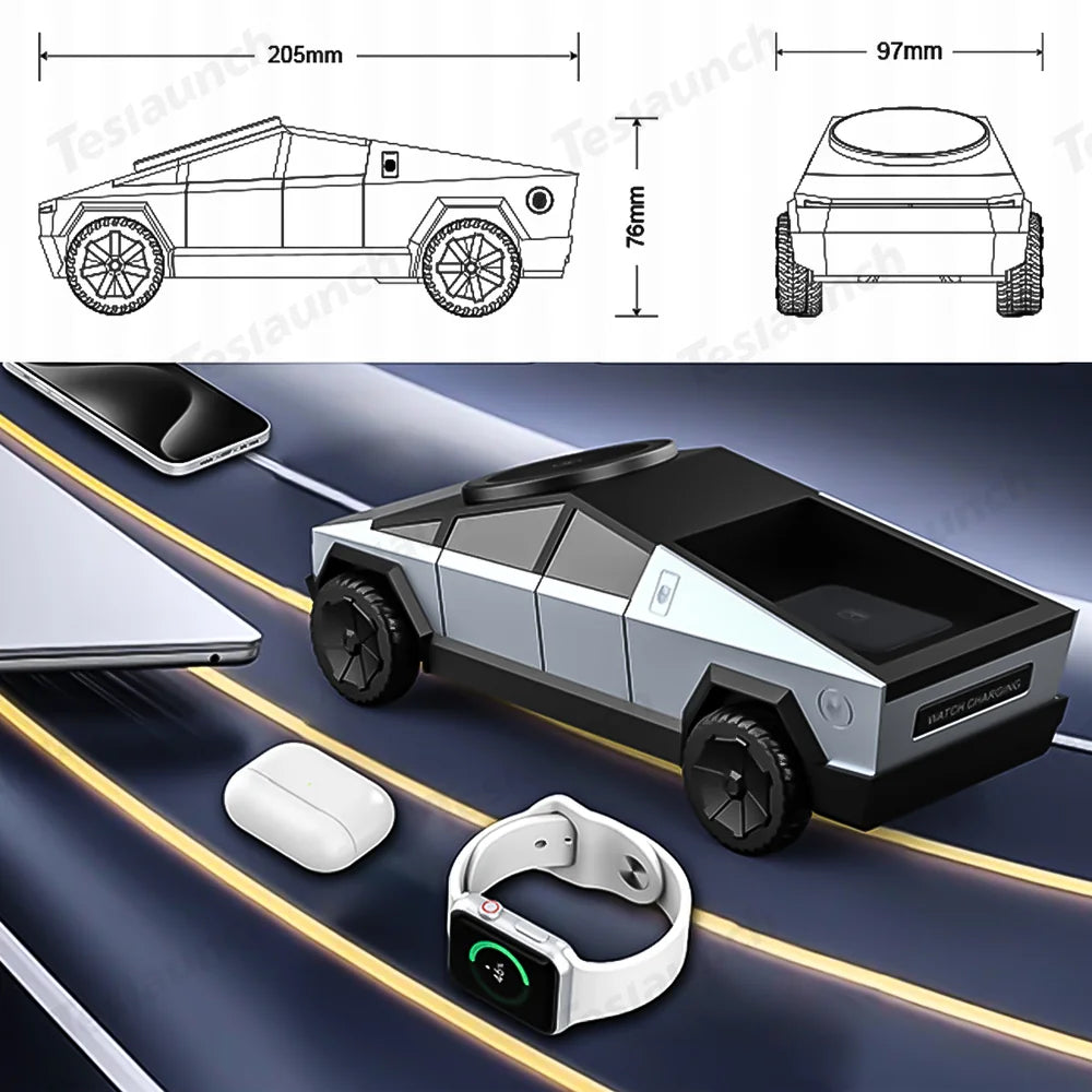 Cybertruck-Inspired 3-in-1 Wireless Charger & Stand for All Cars