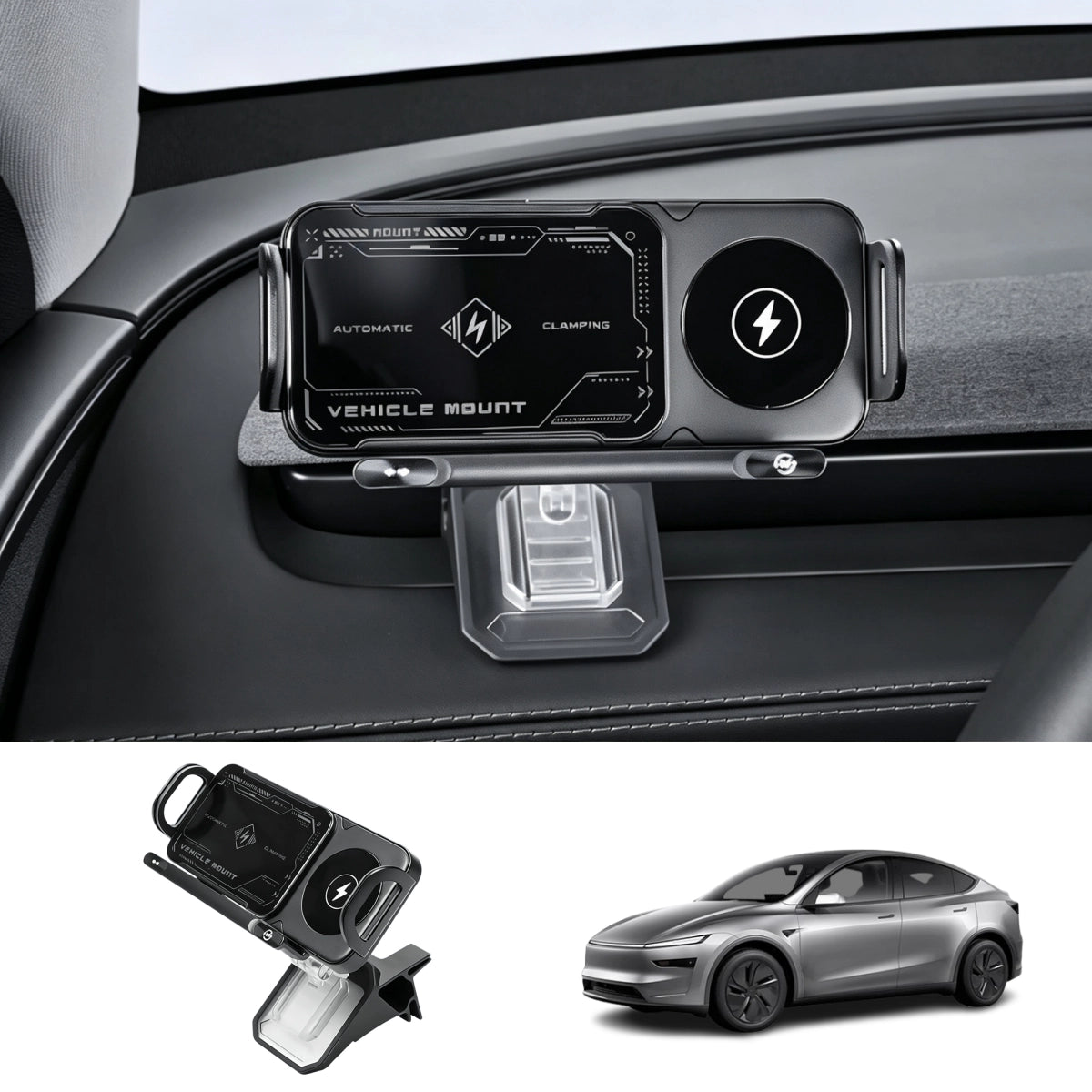 Electric Auto-Clamping & Rotating Wireless Charging Phone Holder for Tesla Model 3/Y/Y L 2024+