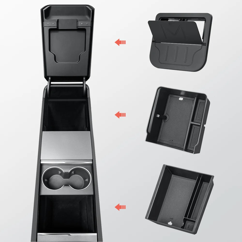Organizador de consola central e caixa de apoio de braço para Tesla Model Y Juniper 2025+
