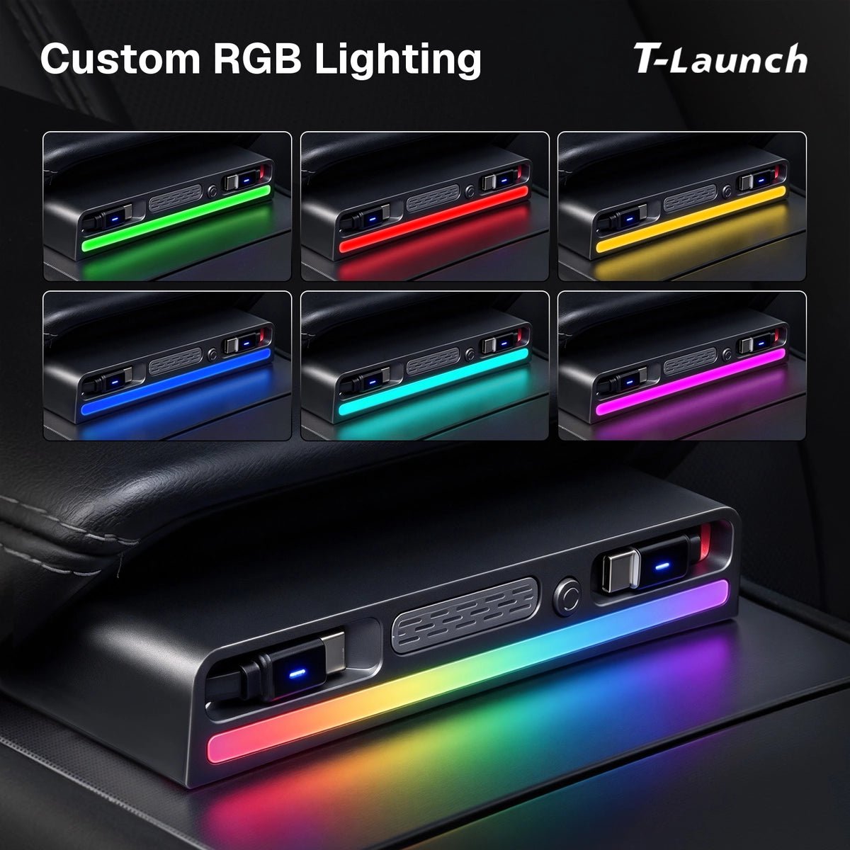 Center Console USB Hub with Ambient Lighting & Air Freshener for Tesla Model 3/Y 2017+ - T-Launch