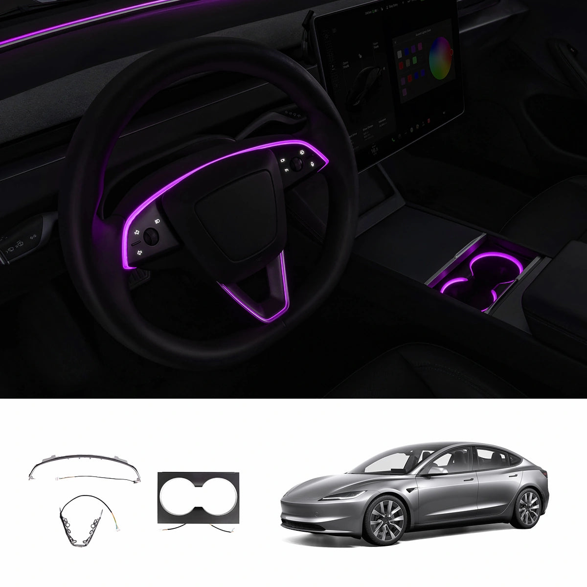RGB Steering Wheel & Cup Holder Ambient Light Kit for Tesla Model 3 Highland 2024+ / Model Y Juniper 2025+ / Model YL 2026+