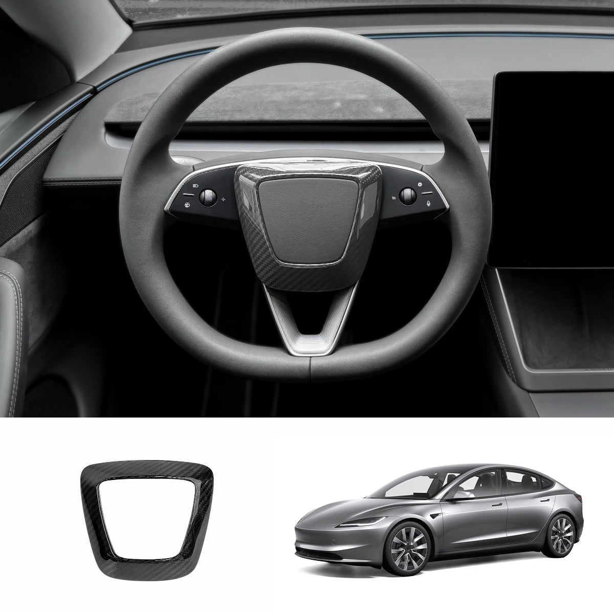 [Real Carbon Fiber] Steering Wheel Airbag Center Trim Cover for Tesla Model 3 Highland 2024+