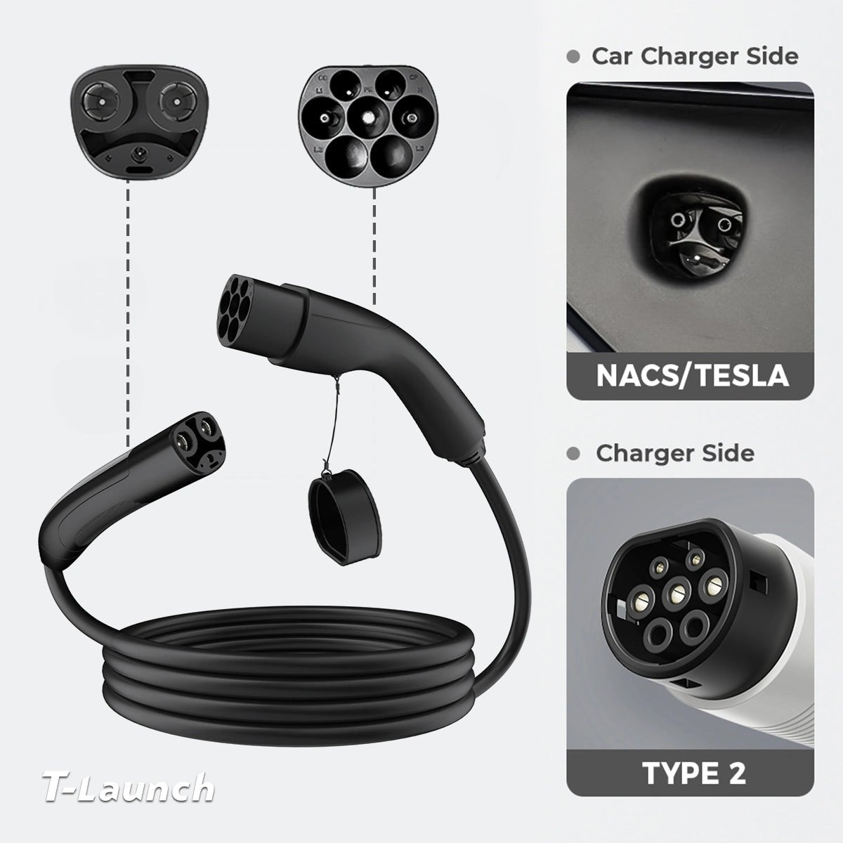 Type 2 to NACS/Tesla AC Charging Adapter Cable - T-Launch
