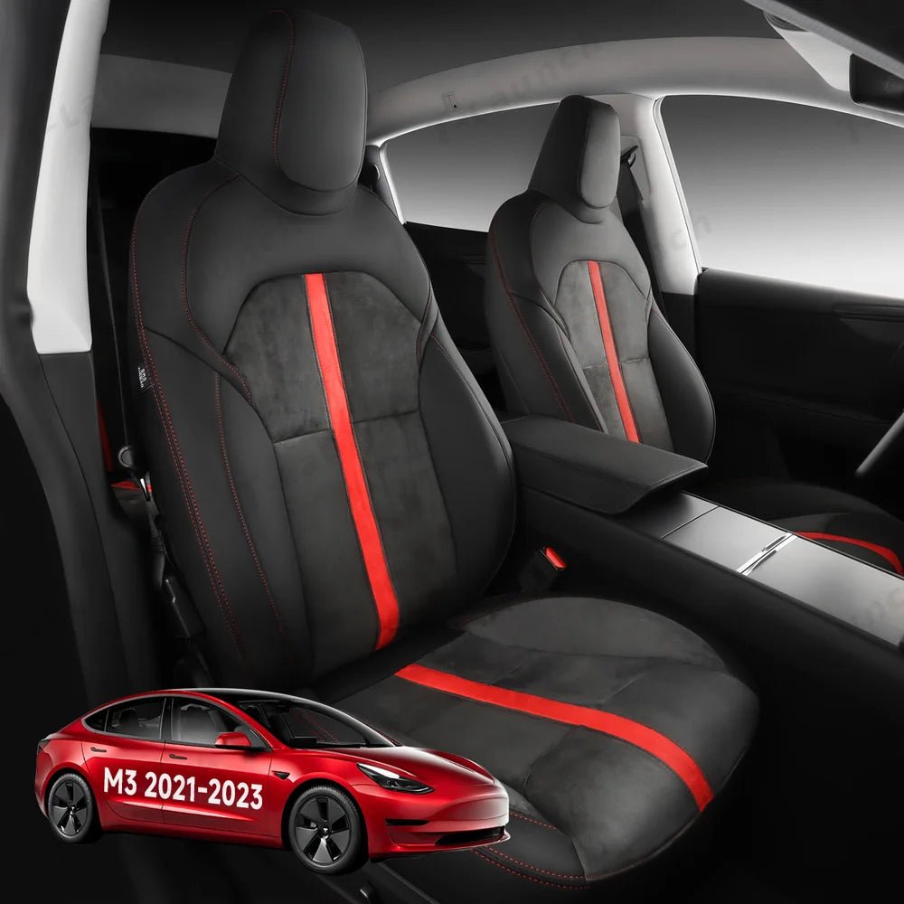 Alcantara All-Inclusive Seat Covers for Tesla Model 3 (2018-2025+) / Model Y (2021-2025+) (Luxury Red Stitching Design) - T-Launch