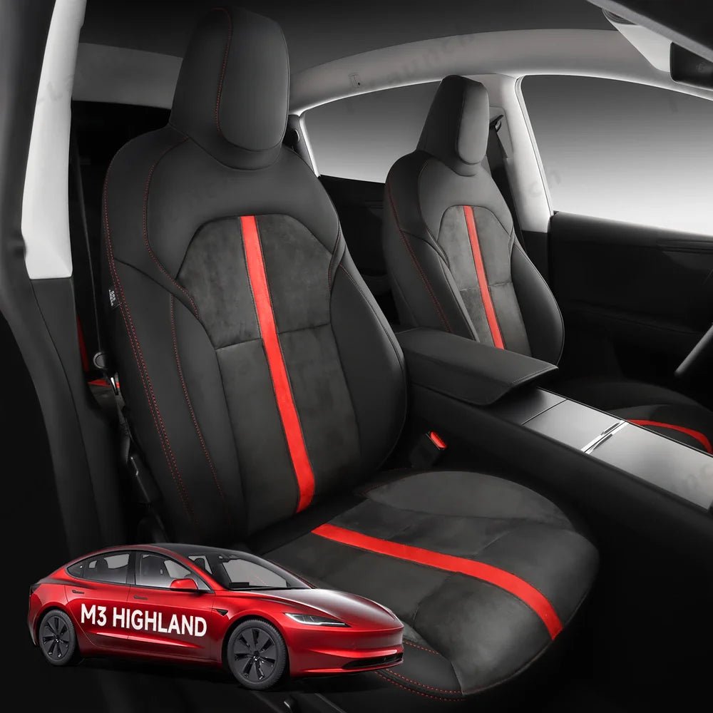 Alcantara All-Inclusive Seat Covers for Tesla Model 3 (2018-2025+) / Model Y (2021-2025+) (Luxury Red Stitching Design) - T-Launch
