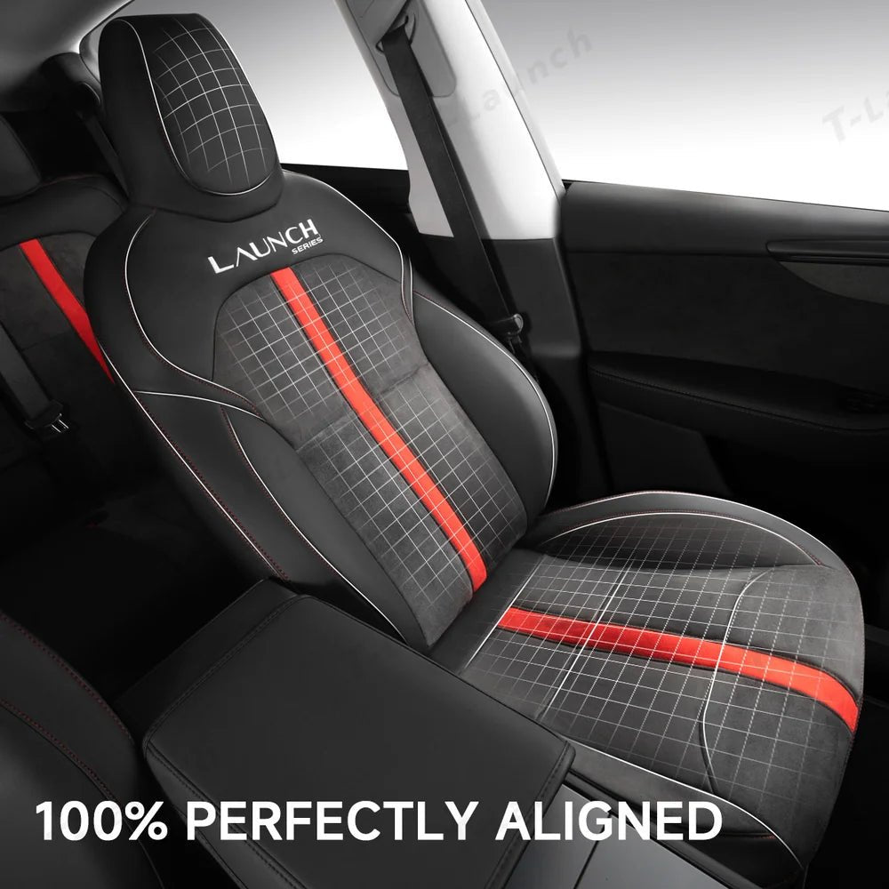 Alcantara All-Inclusive Seat Covers for Tesla Model 3 (2018-2025+) / Model Y (2021-2025+) (Luxury Red Stitching Design) - T-Launch
