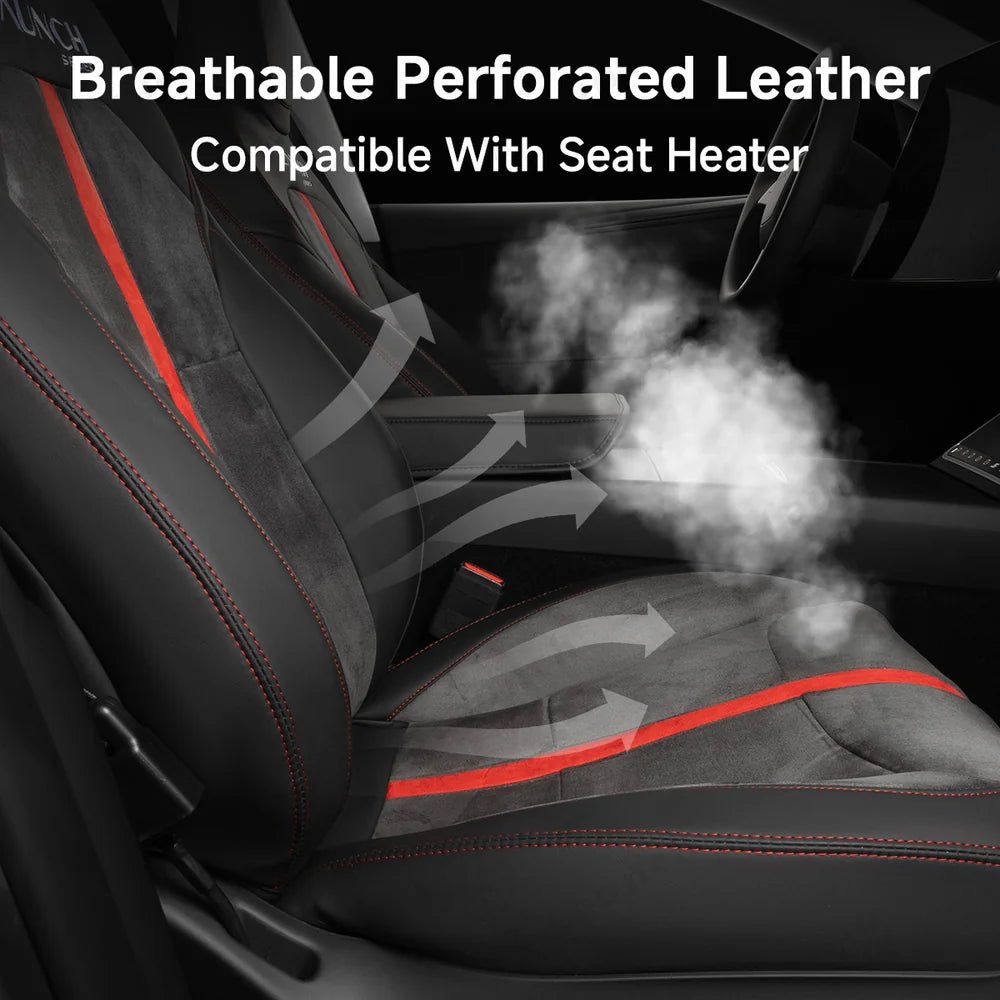 Alcantara All-Inclusive Seat Covers for Tesla Model 3 (2018-2025+) / Model Y (2021-2025+) (Luxury Red Stitching Design) - T-Launch