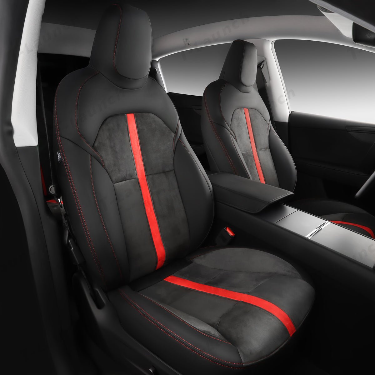 Alcantara All-Inclusive Seat Covers for Tesla Model 3 (2018-2025+) / Model Y (2021-2025+) (Luxury Red Stitching Design) - T-Launch