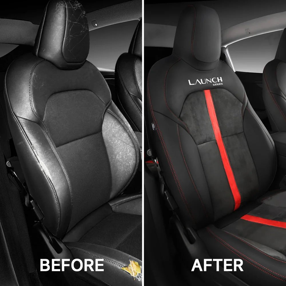 Alcantara All-Inclusive Seat Covers for Tesla Model 3 (2018-2025+) / Model Y (2021-2025+) (Luxury Red Stitching Design) - T-Launch